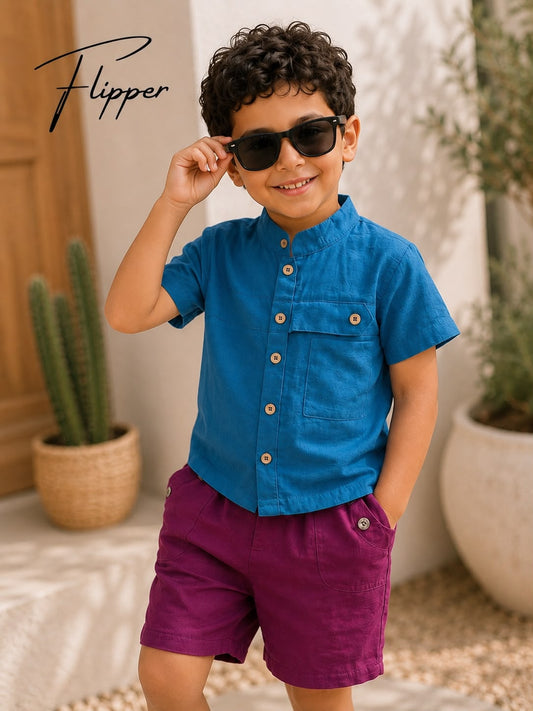 00092 طقم اولادي قميص كتان و شورت جبردين